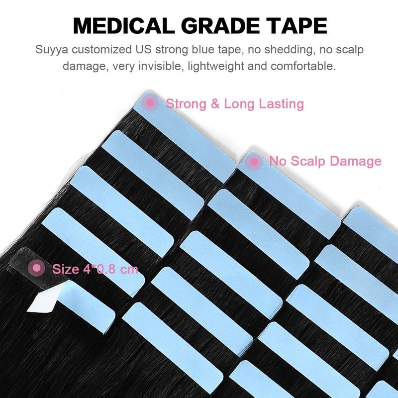 SUYYA Tape in Hair Extensions Jet Black 100% Remy Human 20 inches 20pcs 50g/pack Straight Seamless Skin Weft Hair(20 #1 Black) - Image 3